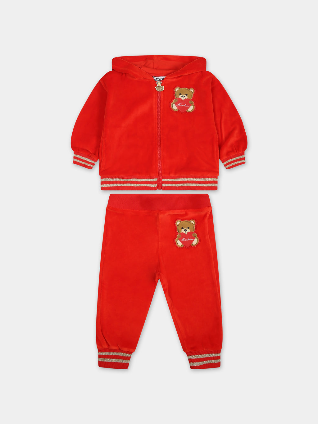 Completo rosso in ciniglia per neonata con Teddy Bear